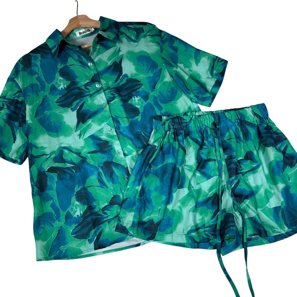 Brosloth 2-Piece Set Women Small Green Abstract Floral Linen Blend Shorts Shirt